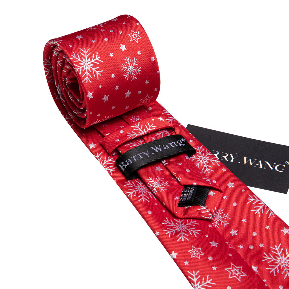 Barry Wang Silk Red White Snow Christmas Necktie Set for Men