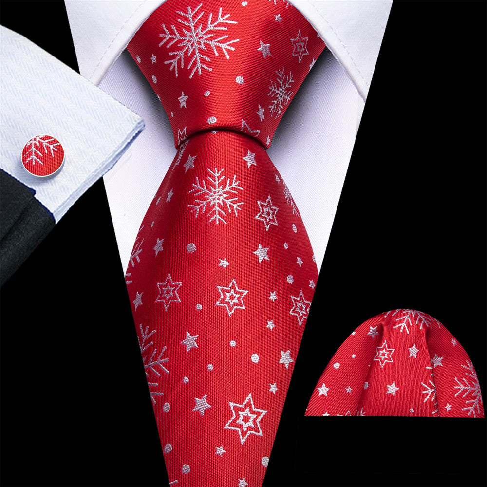 Barry Wang Silk Red White Snow Christmas Necktie Set for Men