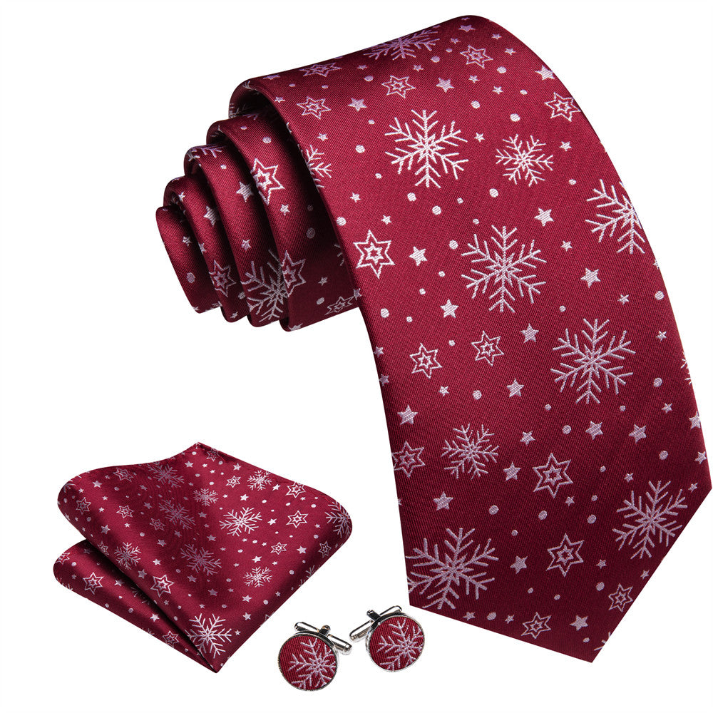 Barry Wang Silk Dark Red White Snow Christmas Necktie Set for Men