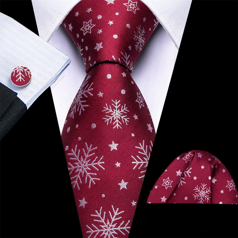 Barry Wang Silk Dark Red White Snow Christmas Necktie Set for Men