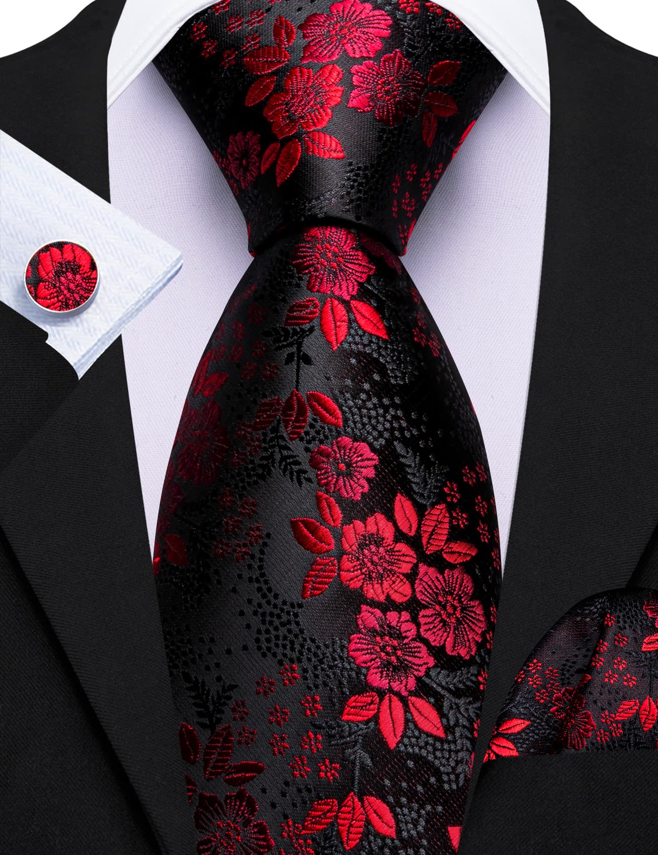 Red Jacquard Floral Tie Black Silk Tie Hanky Cufflinks Set