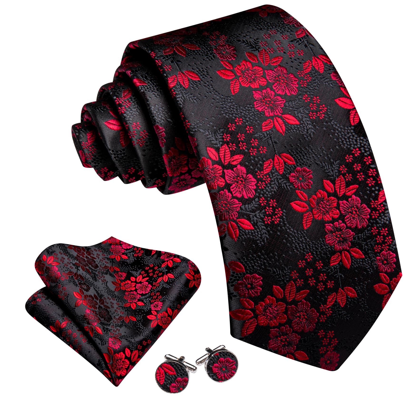 Red Jacquard Floral Tie Black Silk Tie Hanky Cufflinks Set