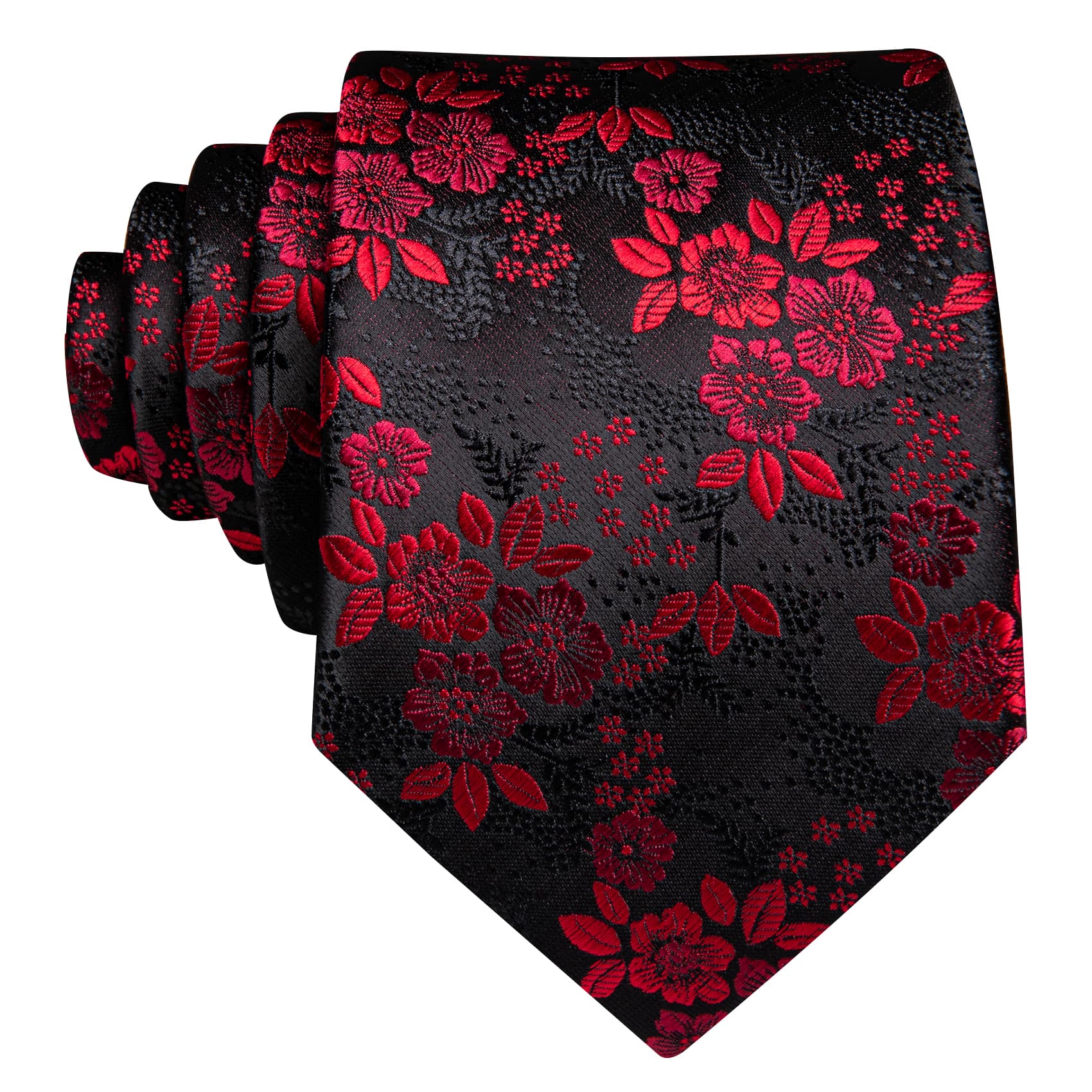 Red Jacquard Floral Tie Black Silk Tie Hanky Cufflinks Set