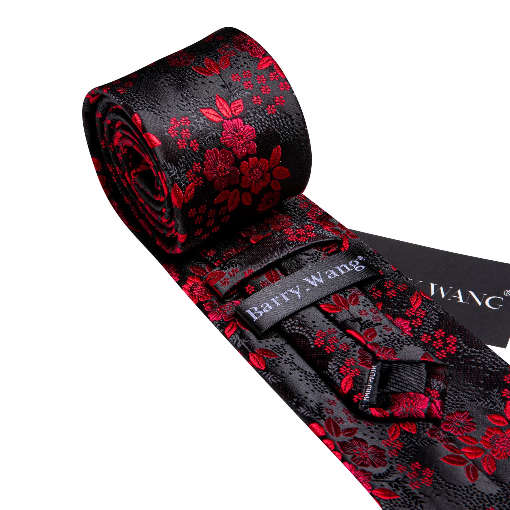 Red Jacquard Floral Tie Black Silk Tie Hanky Cufflinks Set