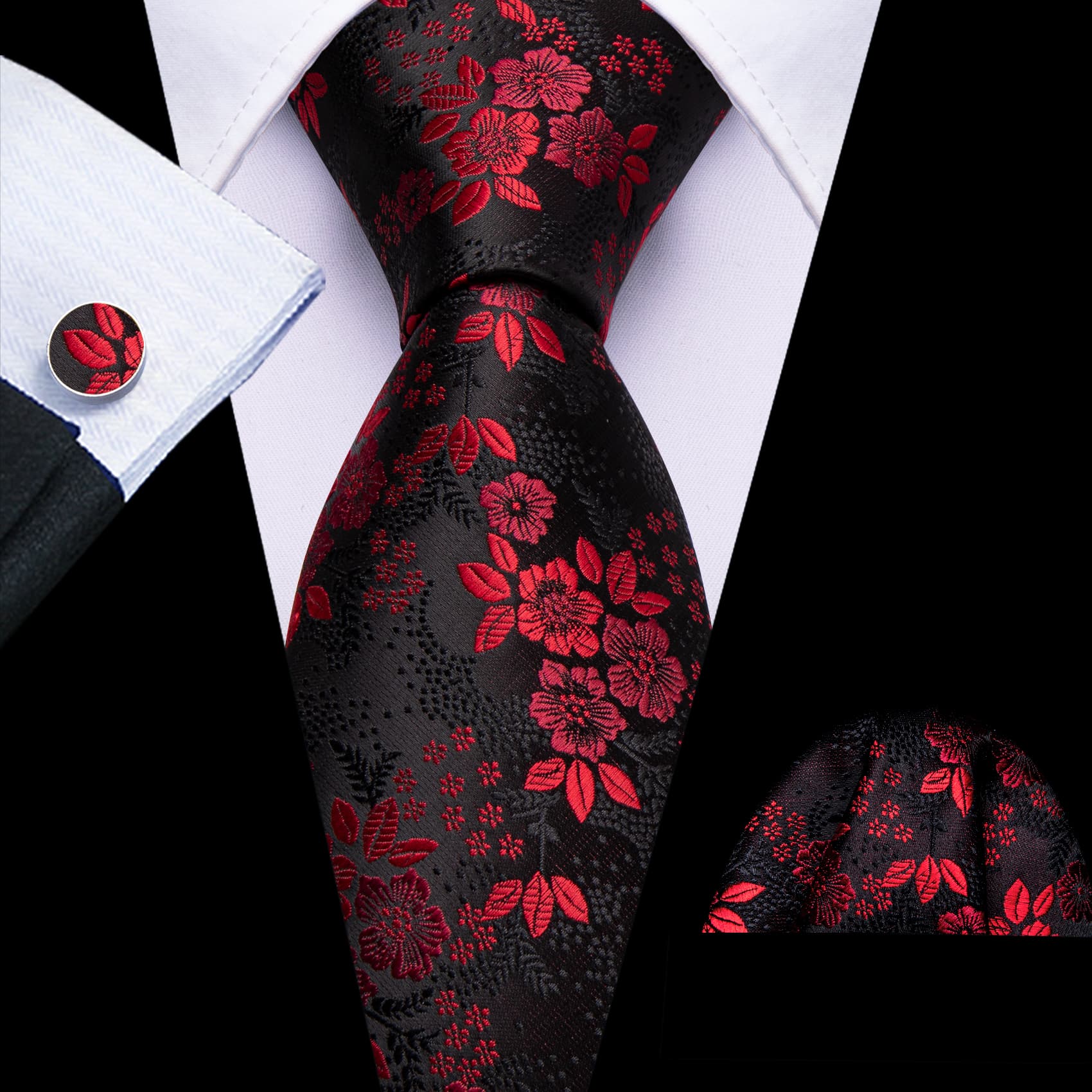 Red Jacquard Floral Tie Black Silk Tie Hanky Cufflinks Set