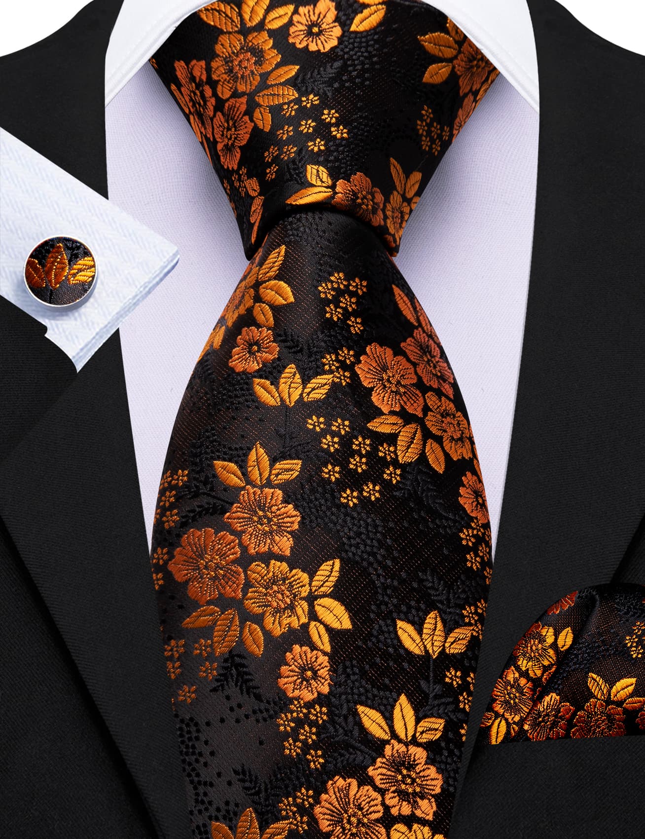  Orange Jacquard Floral Tie Black Tie Hanky Cufflinks Set