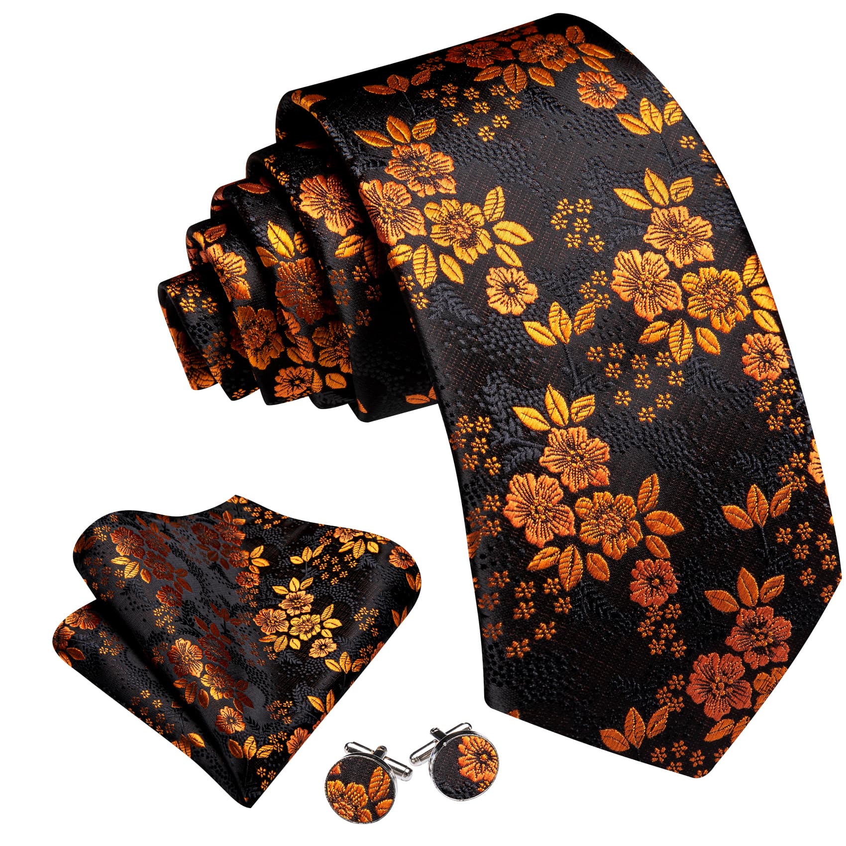  Orange Jacquard Floral Tie Black Tie Hanky Cufflinks Set