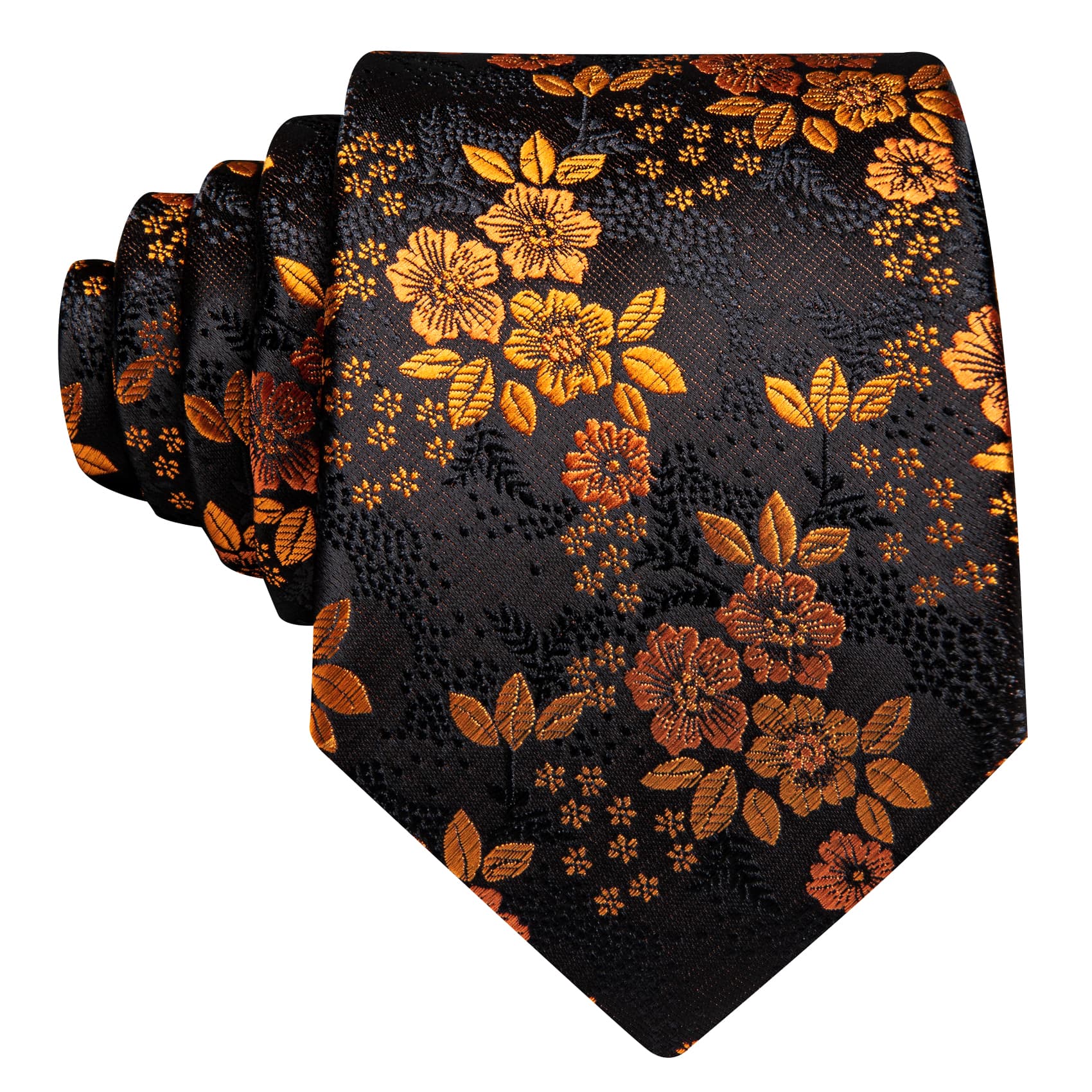  Orange Jacquard Floral Tie Black Tie Hanky Cufflinks Set