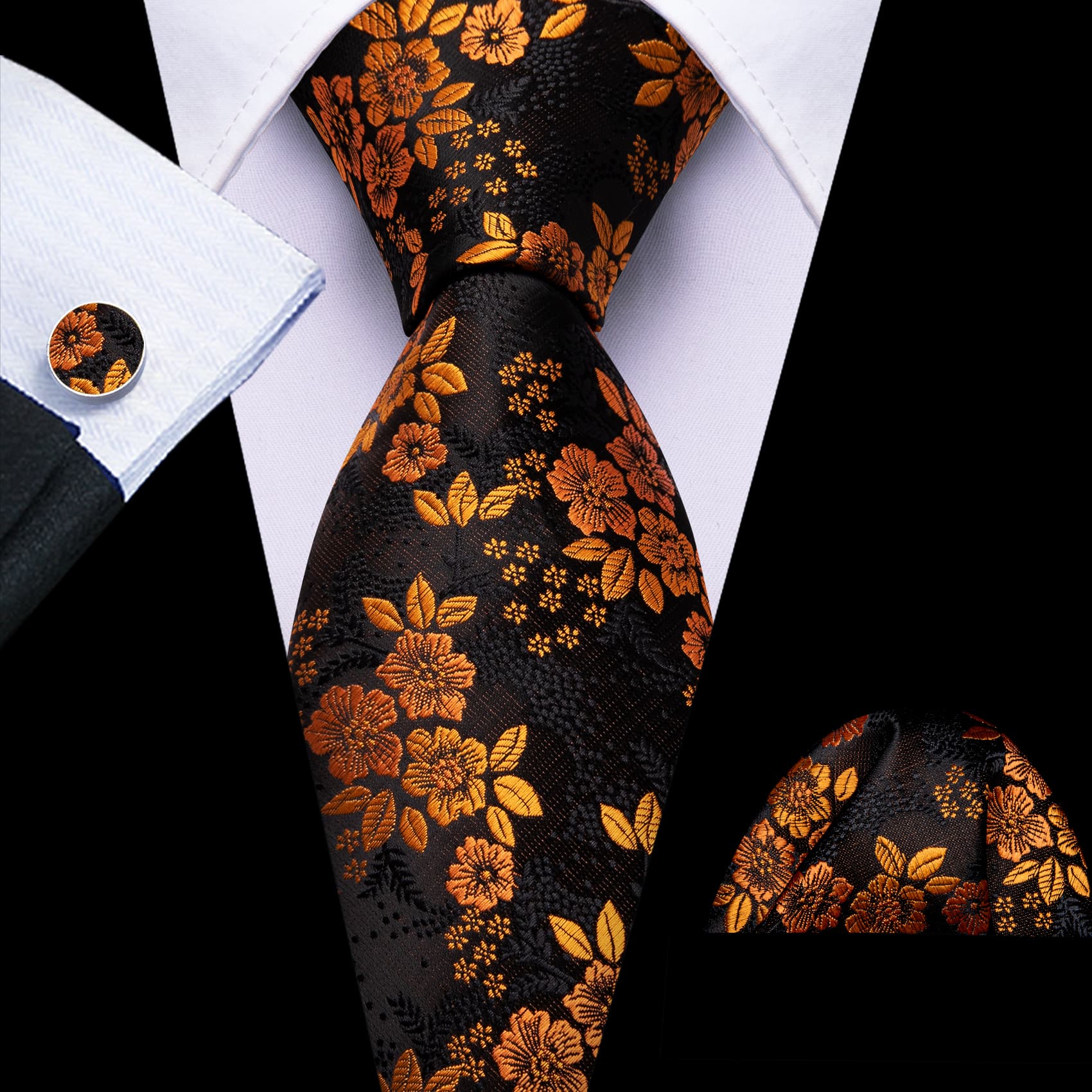  Orange Jacquard Floral Tie Black Tie Hanky Cufflinks Set