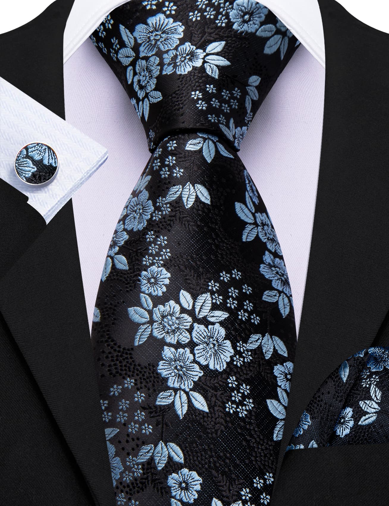 Sky Blue Jacquard Floral Tie Black Tie Hanky Cufflinks Set