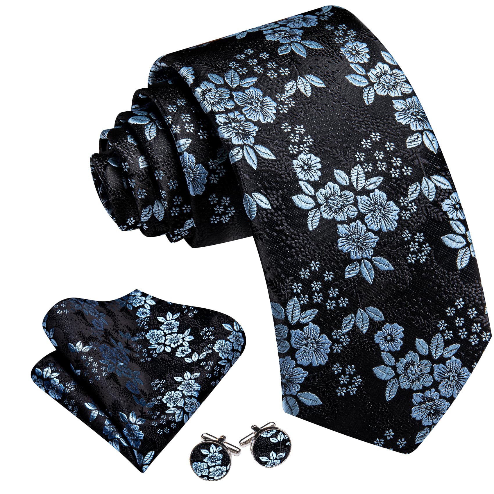 Sky Blue Jacquard Floral Tie Black Tie Hanky Cufflinks Set