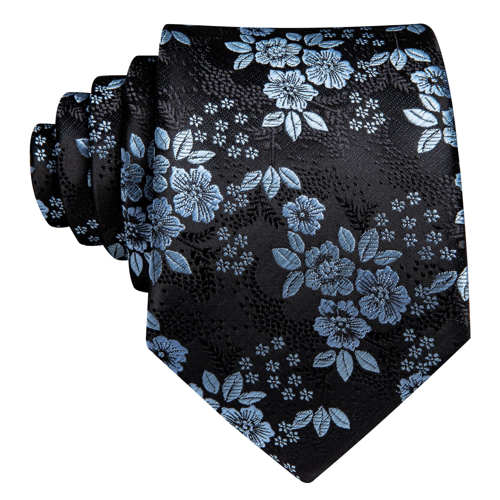 Sky Blue Jacquard Floral Tie Black Tie Hanky Cufflinks Set