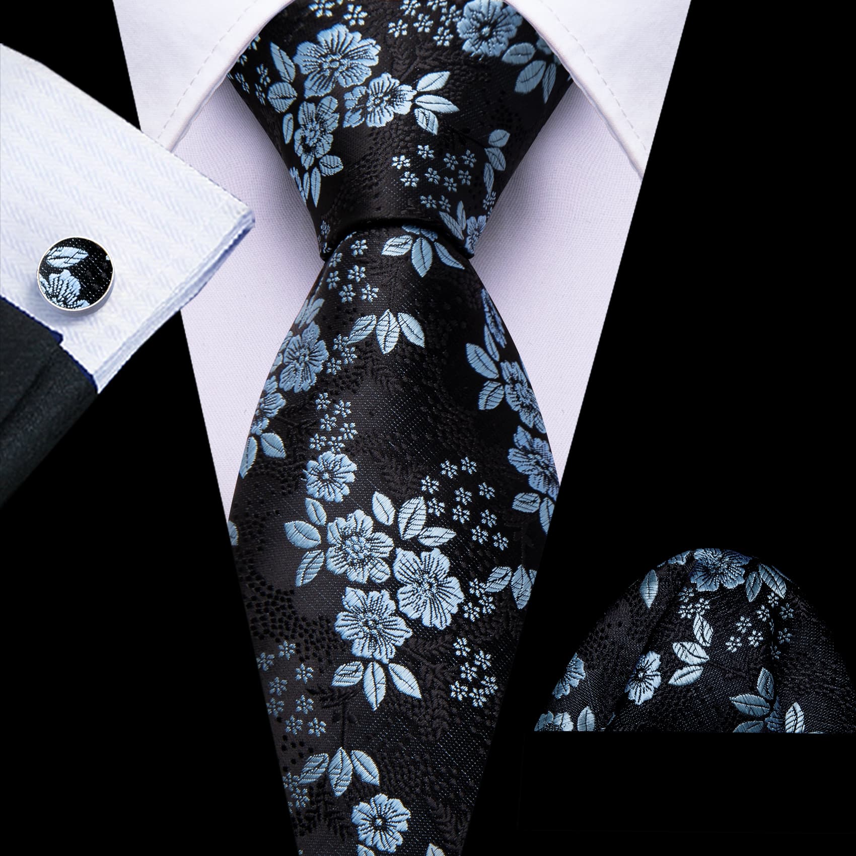 Sky Blue Jacquard Floral Tie Black Tie Hanky Cufflinks Set