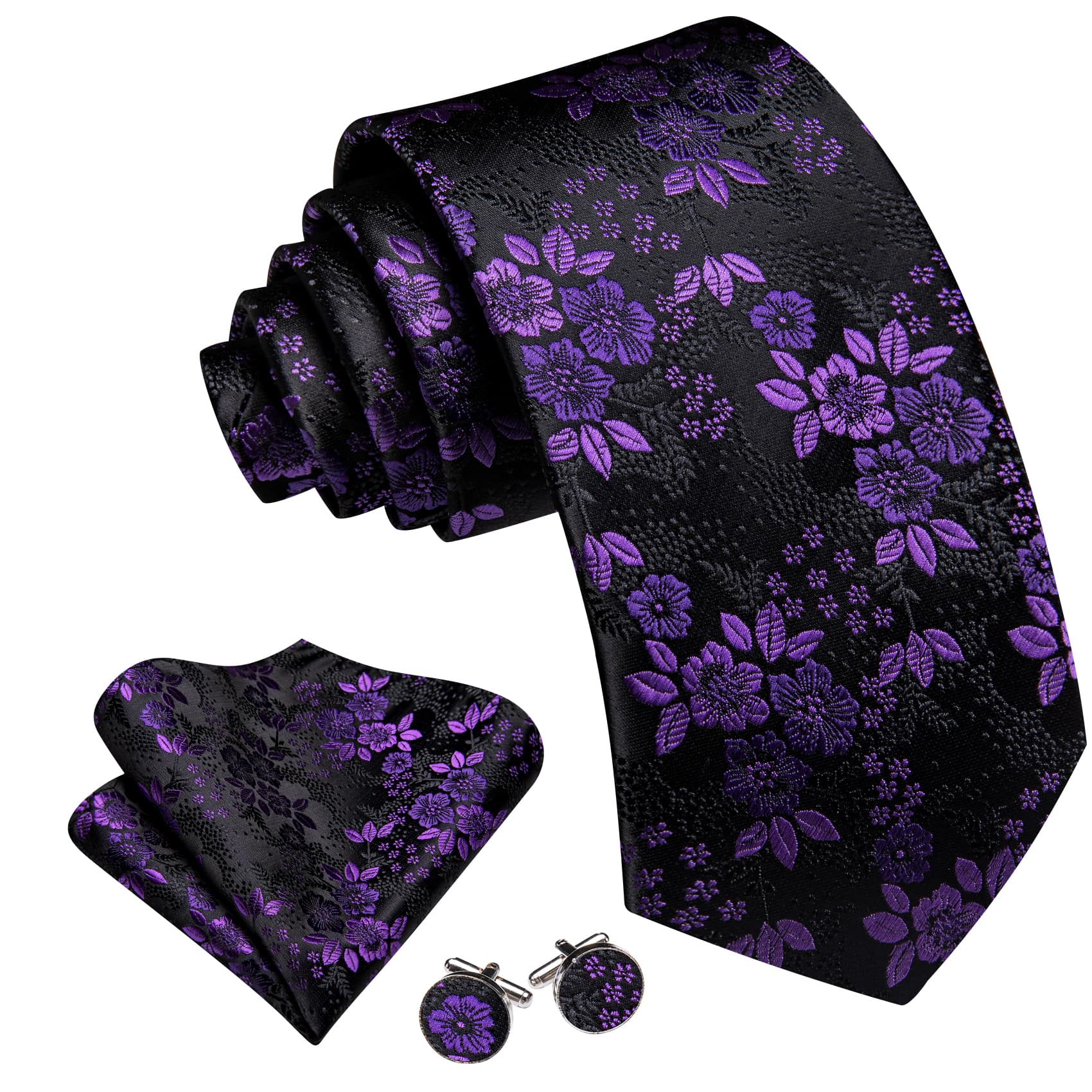 Purple Jacquard Floral Tie Black Tie Hanky Cufflinks Set