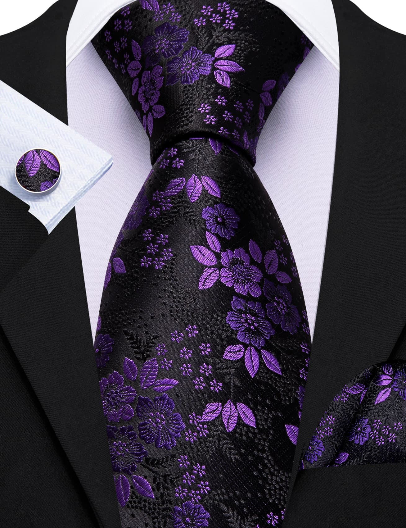 Purple Jacquard Floral Tie Black Tie Hanky Cufflinks Set