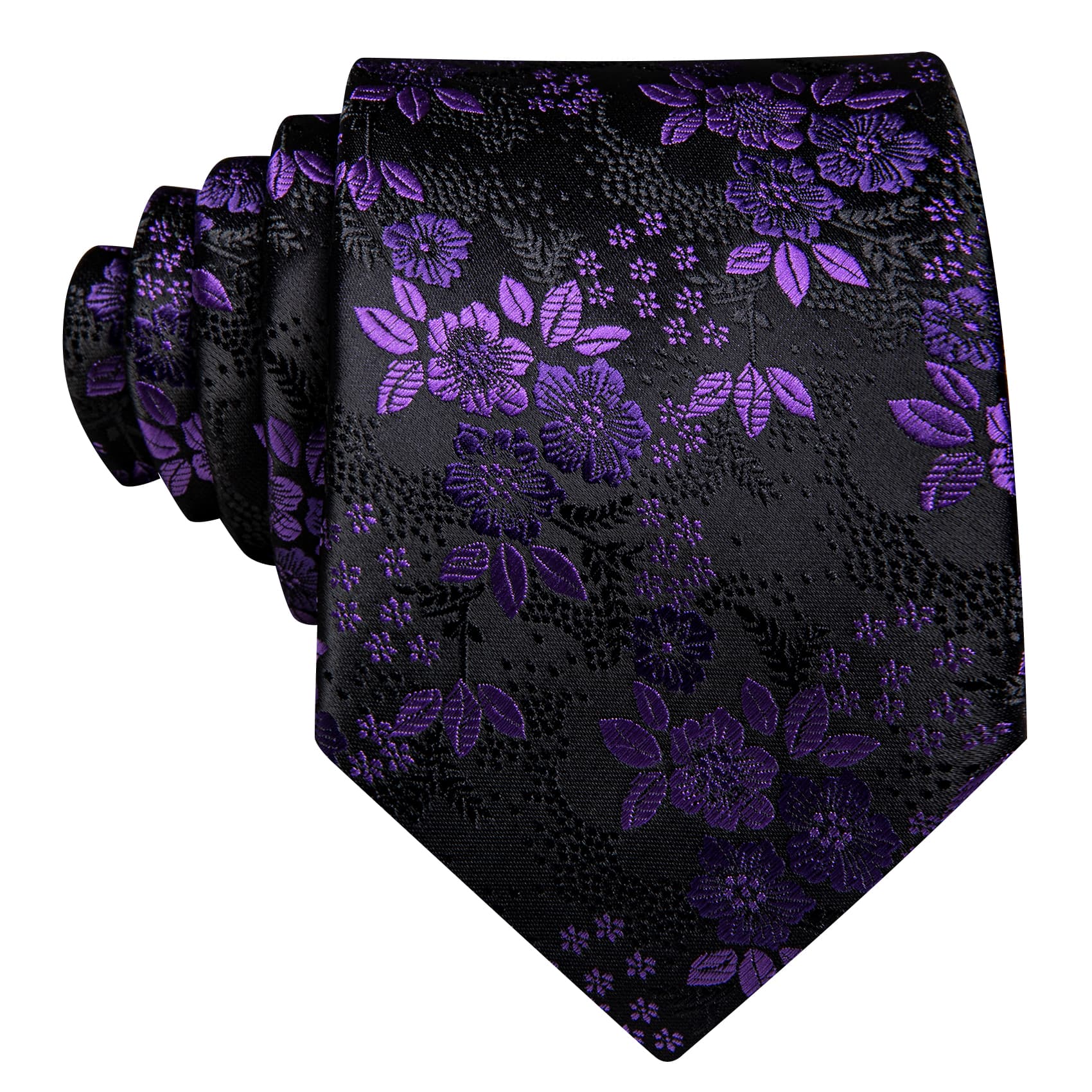 Purple Jacquard Floral Tie Black Tie Hanky Cufflinks Set