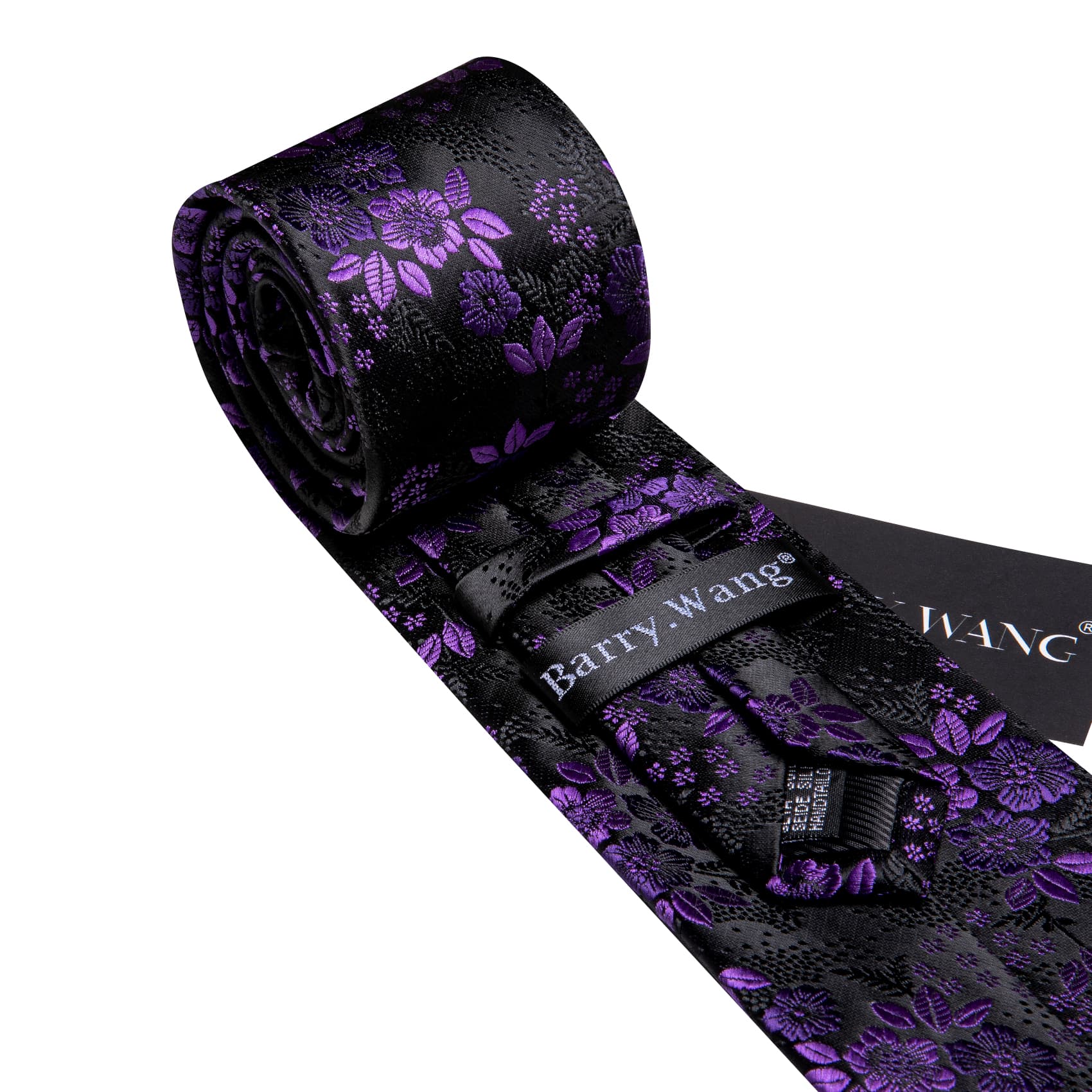 Purple Jacquard Floral Tie Black Tie Hanky Cufflinks Set