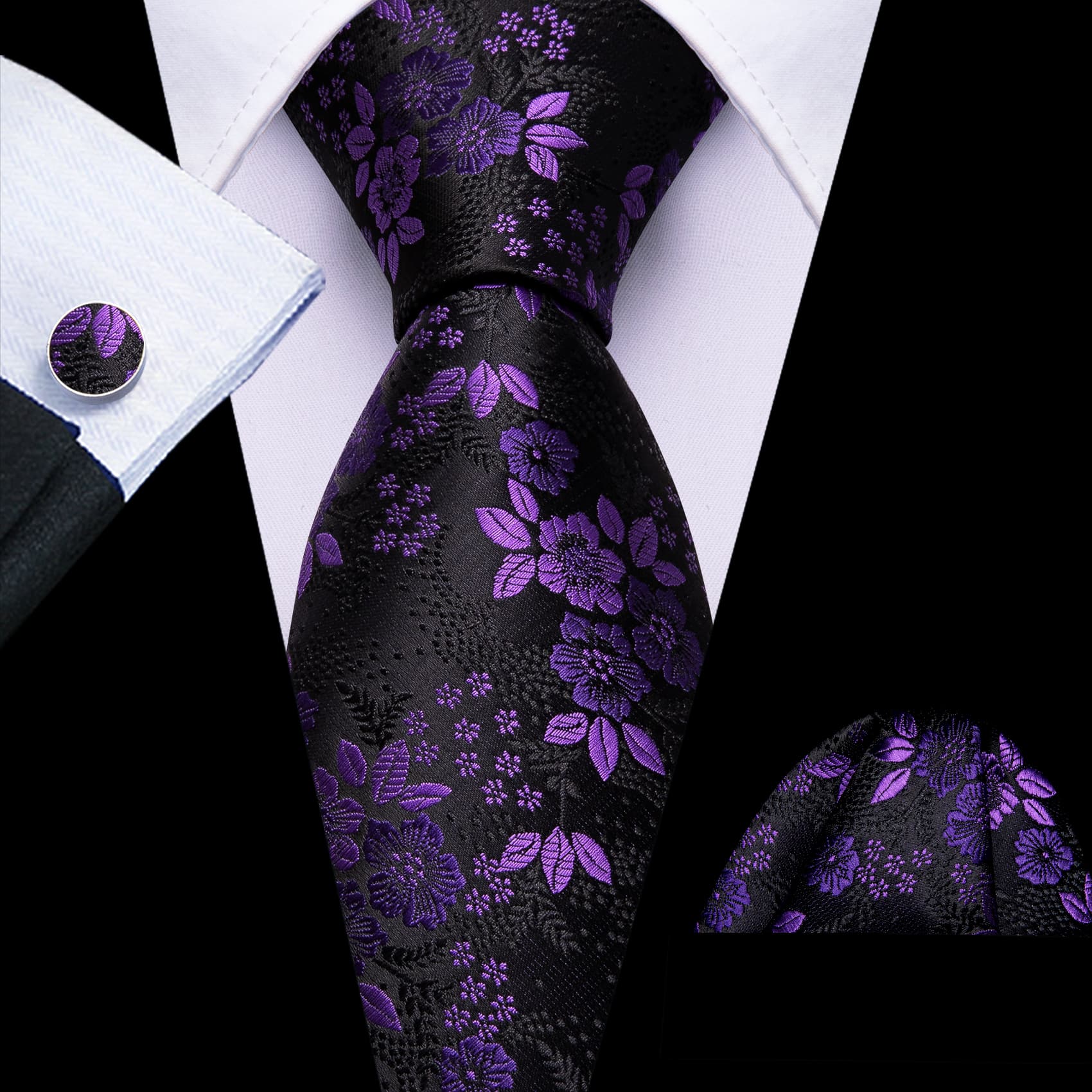 Purple Jacquard Floral Tie Black Tie Hanky Cufflinks Set