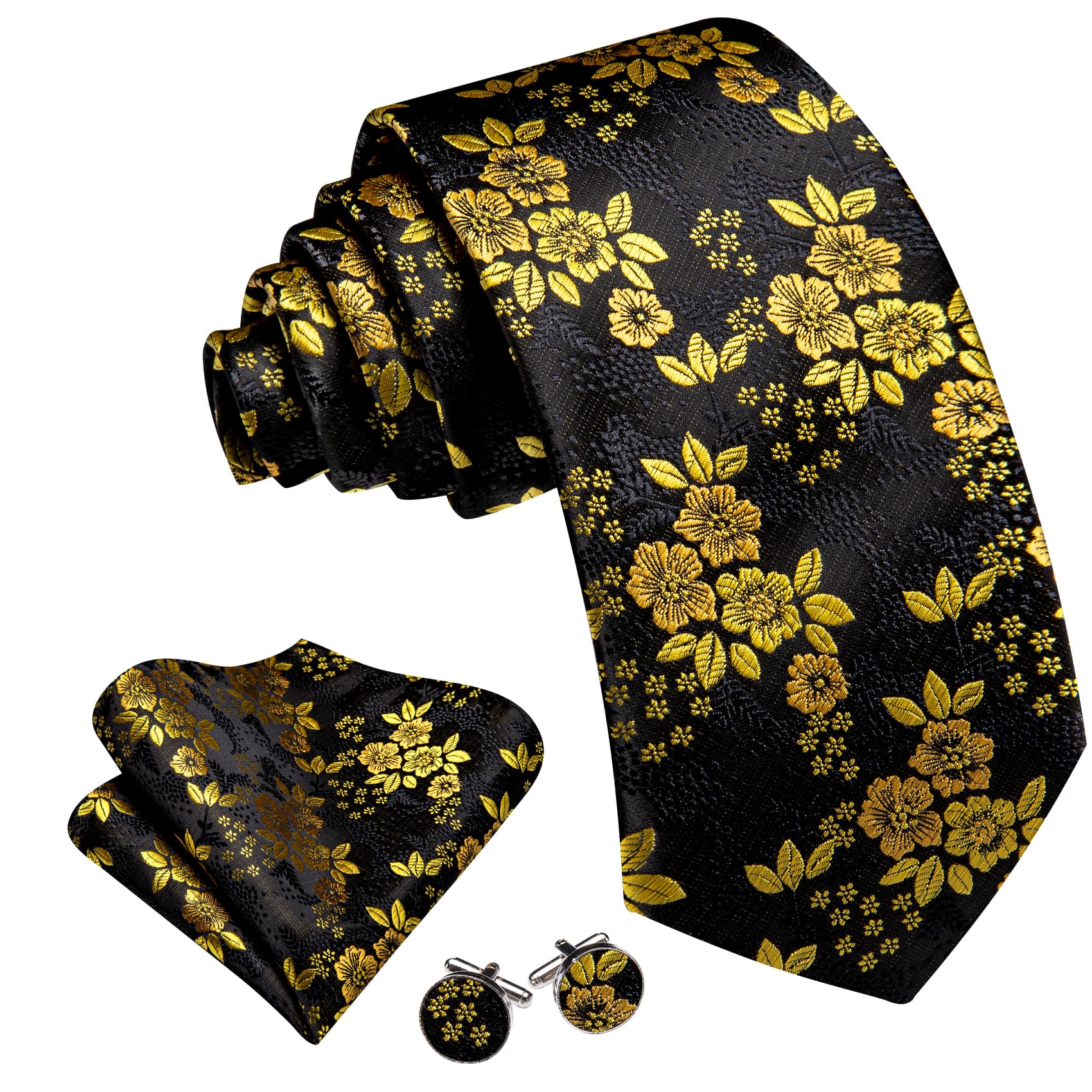 Yellow Jacquard Floral Tie Black Tie Hanky Cufflinks Set