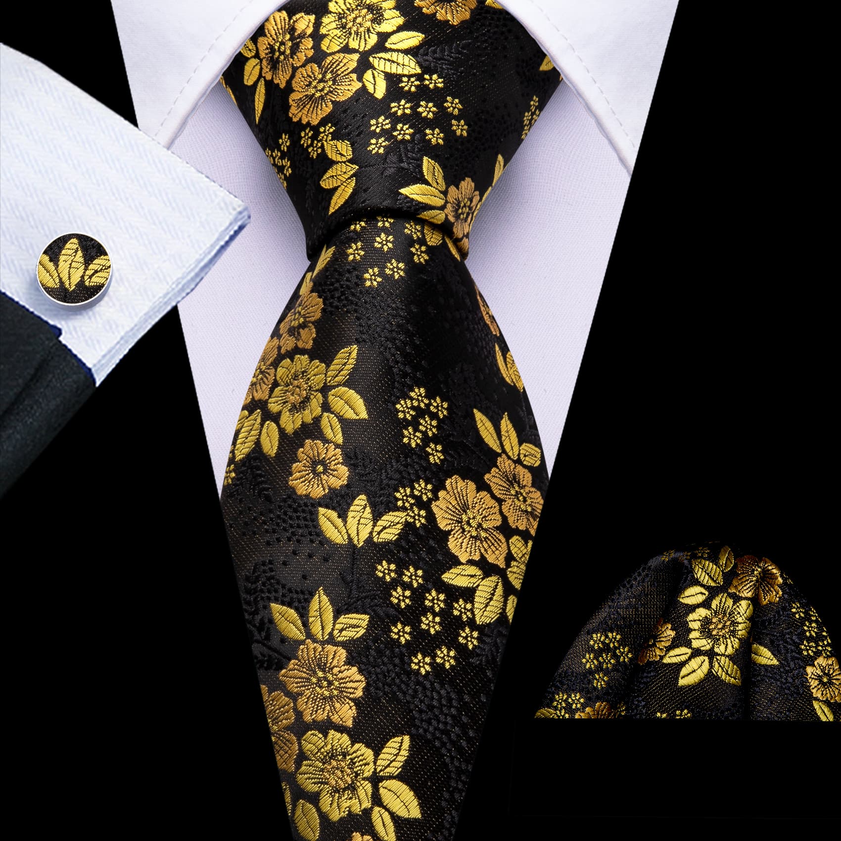 Yellow Jacquard Floral Tie Black Tie Hanky Cufflinks Set