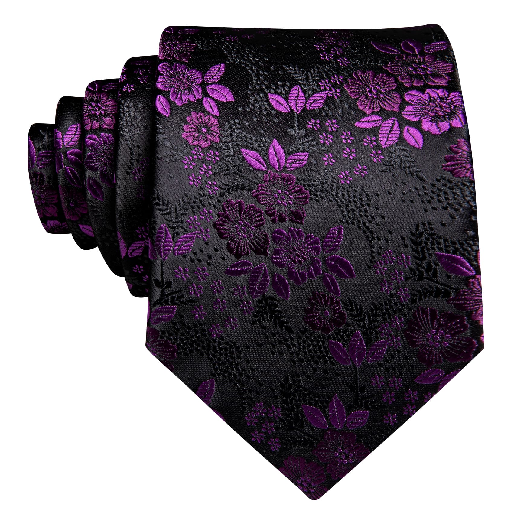 Dark Orchid Jacquard Floral Black Tie Hanky Cufflinks Set