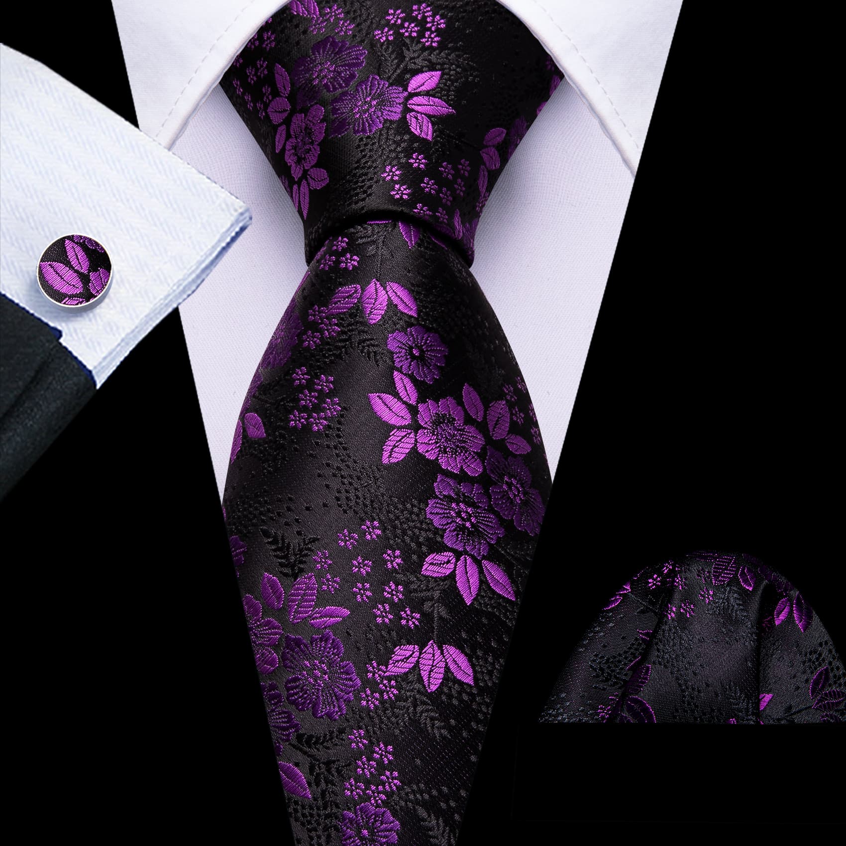 Dark Orchid Jacquard Floral Black Tie Hanky Cufflinks Set