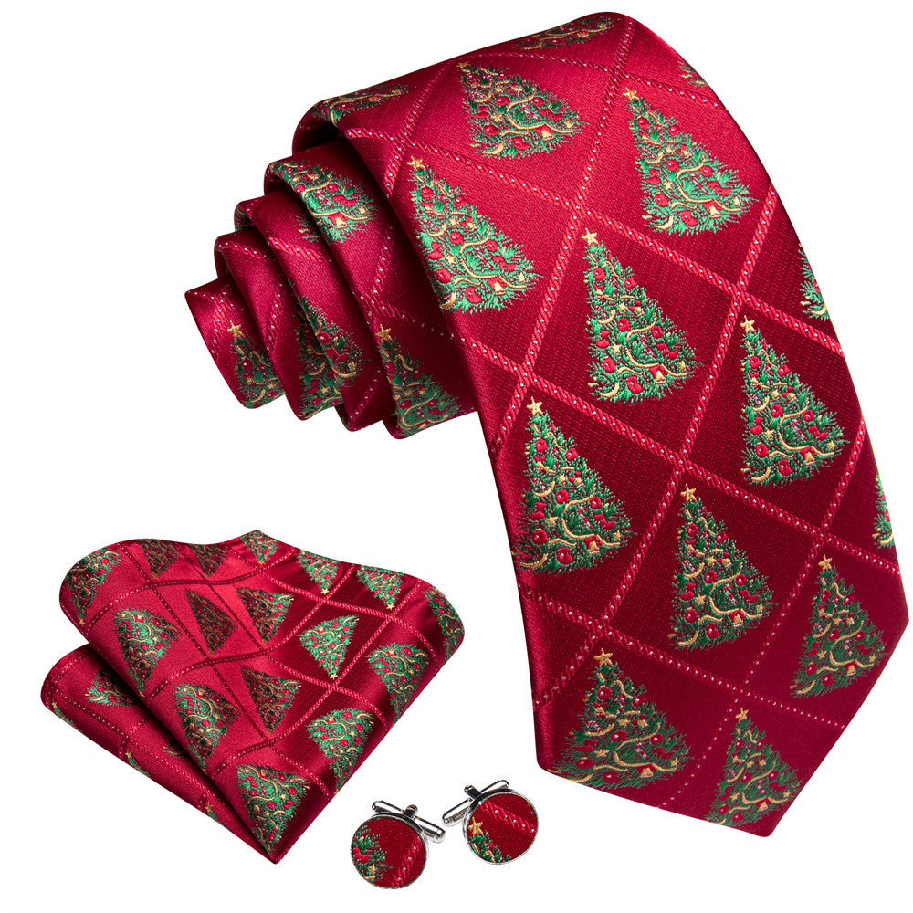 Barry Wang Silk Red Green Christmas Tree Plaid Designer Necktie Set for Men