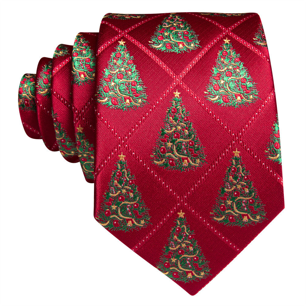 Barry Wang Silk Red Green Christmas Tree Plaid Designer Necktie Set for Men