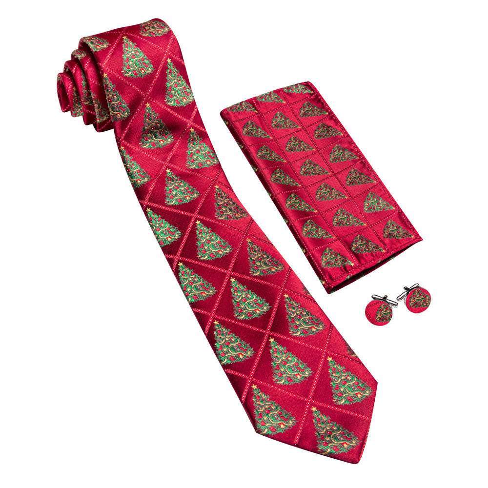 Barry Wang Silk Red Green Christmas Tree Plaid Designer Necktie Set for Men