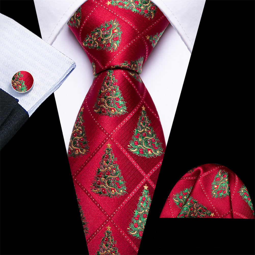 Barry Wang Silk Red Green Christmas Tree Plaid Designer Necktie Set for Men