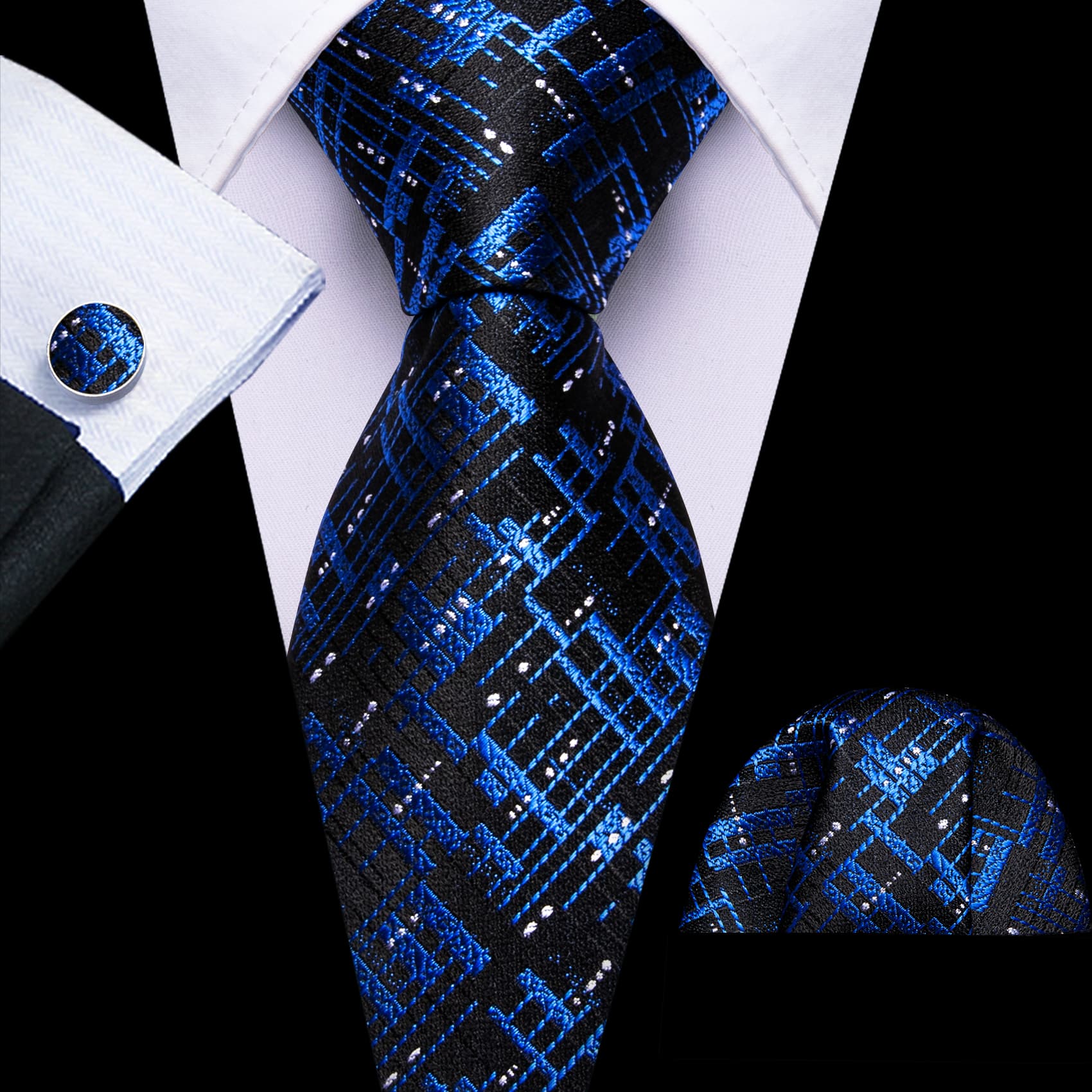 Black Blue Novelty Tie Men's Neckties Hanky Cufflinks Set