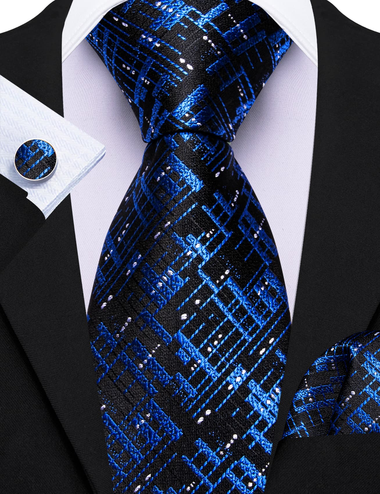 Black Blue Novelty Tie Men's Neckties Hanky Cufflinks Set