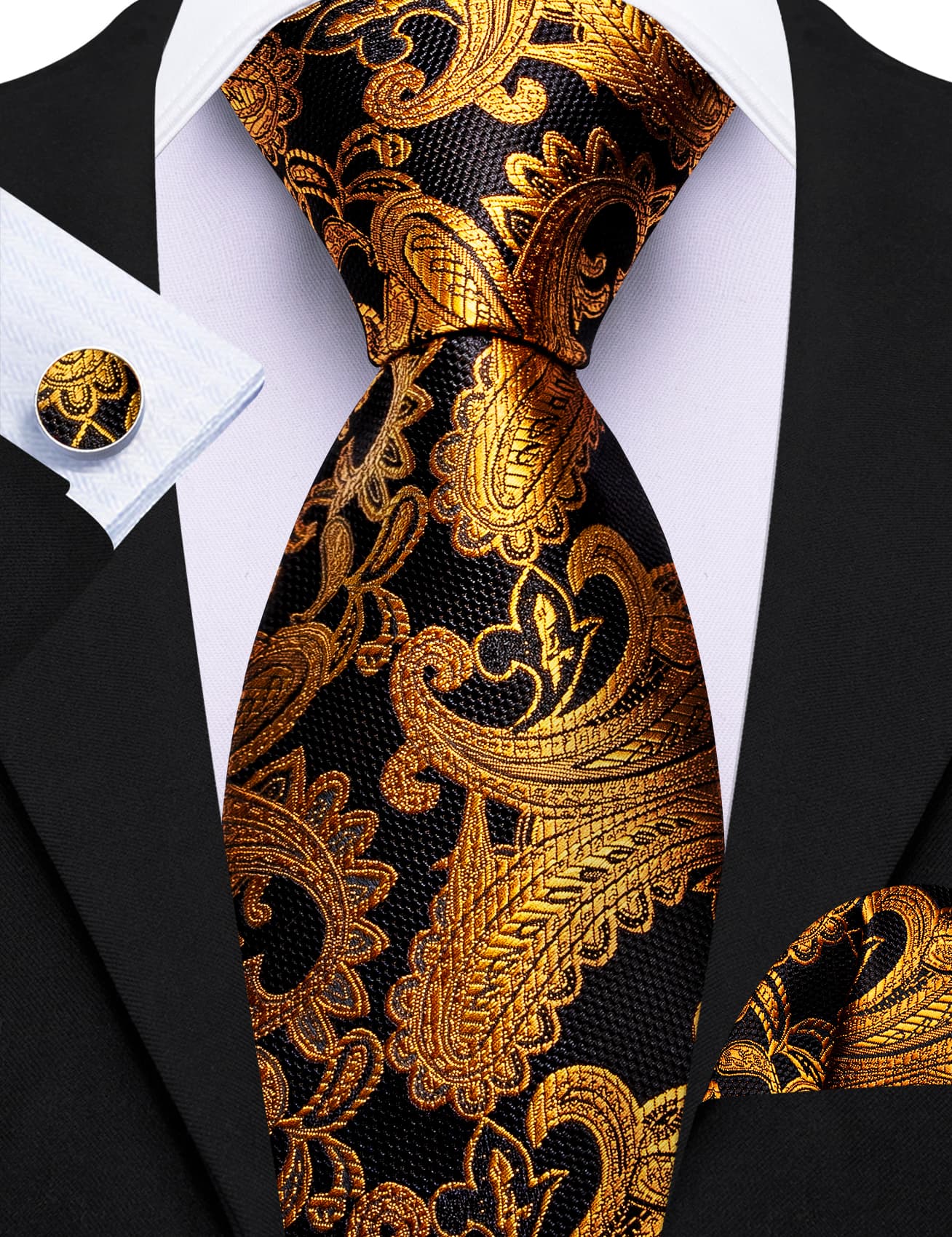  Paisley Necktie Black Golden Jacquard Men's Formal Tie Set