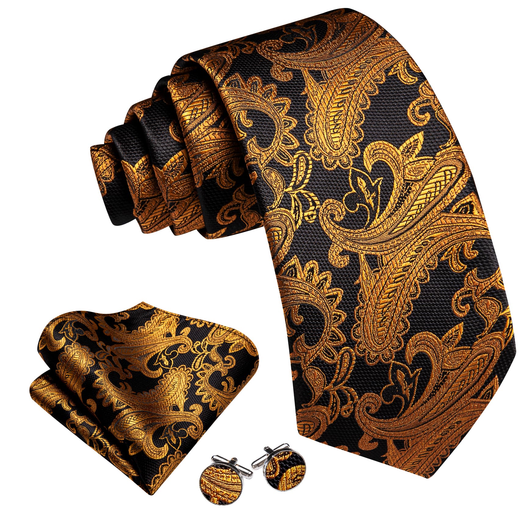  Paisley Necktie Black Golden Jacquard Men's Formal Tie Set