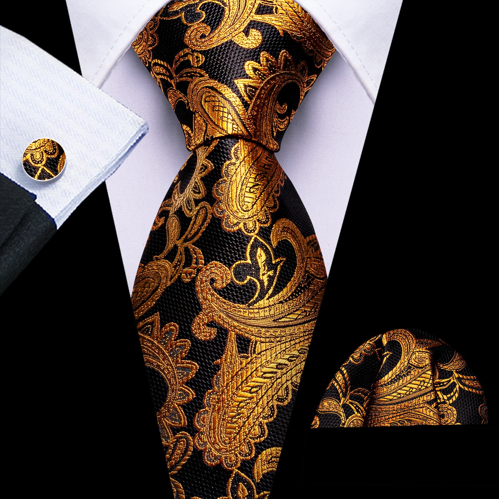  Paisley Necktie Black Golden Jacquard Men's Formal Tie Set