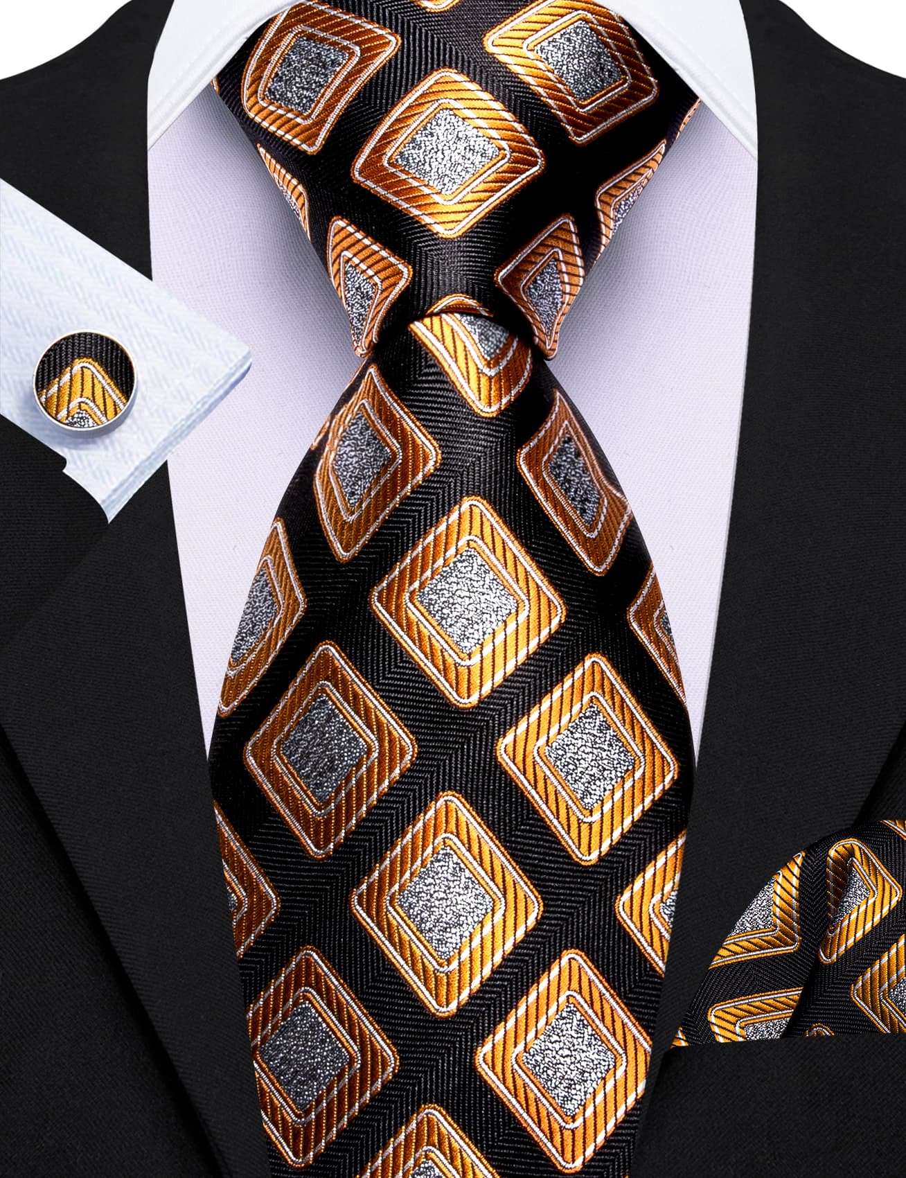  Novelty Necktie Black Orange Silver Square Men's Tie Set