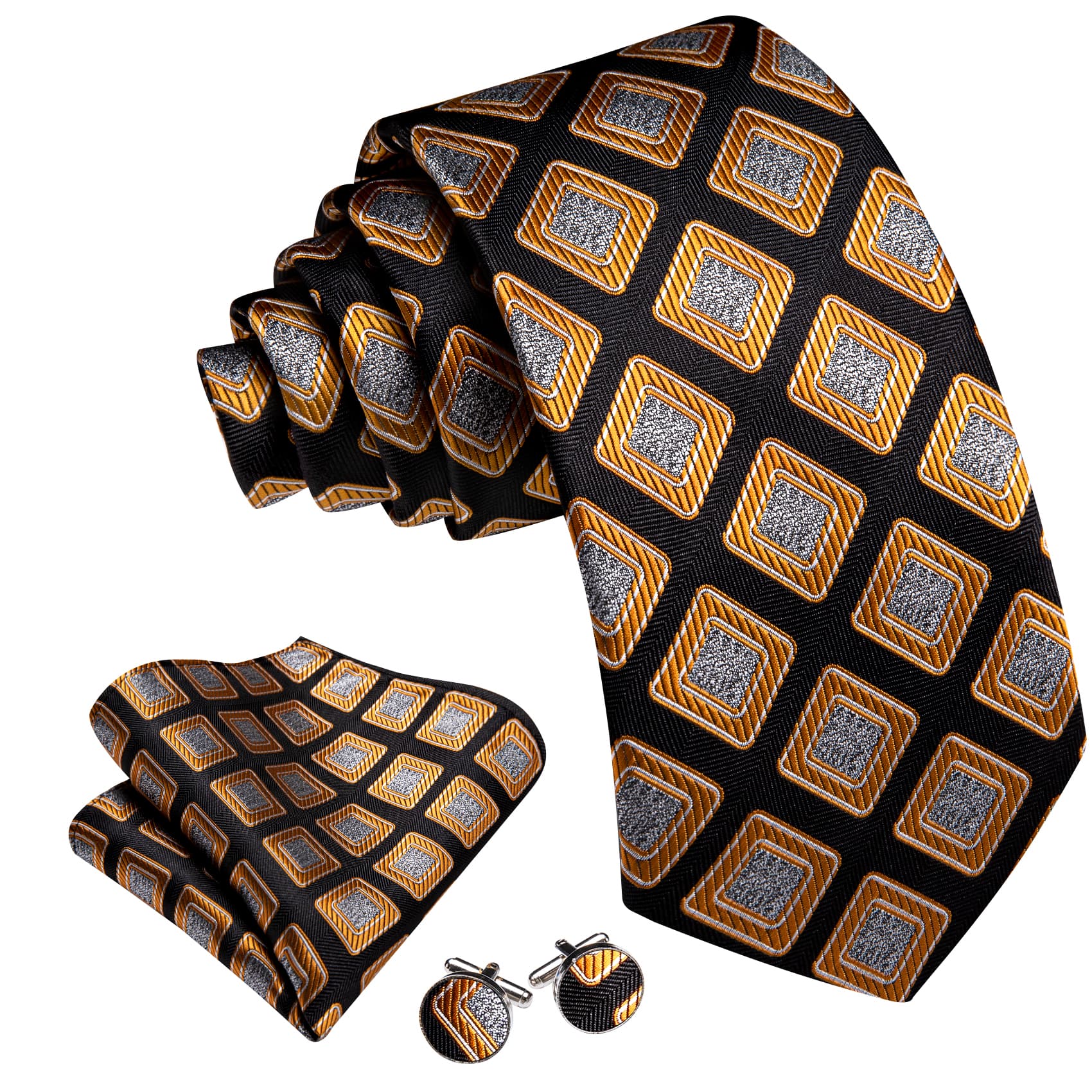  Novelty Necktie Black Orange Silver Square Men's Tie Set