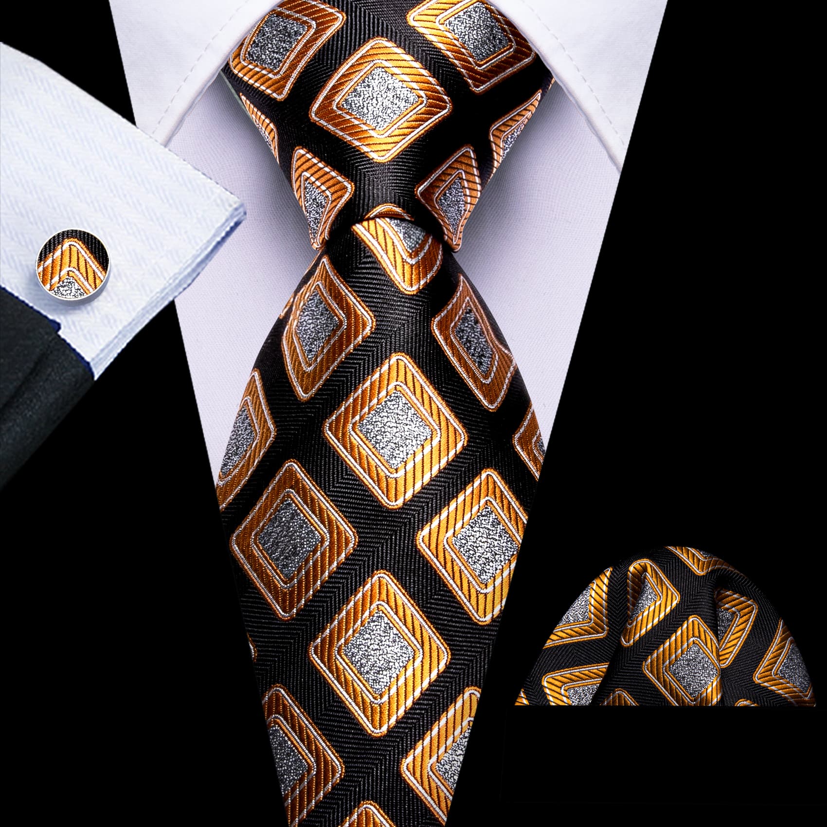  Novelty Necktie Black Orange Silver Square Men's Tie Set