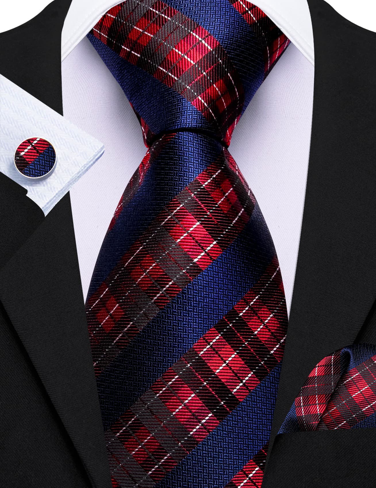 black suit white shirt red bule plaid tie set 