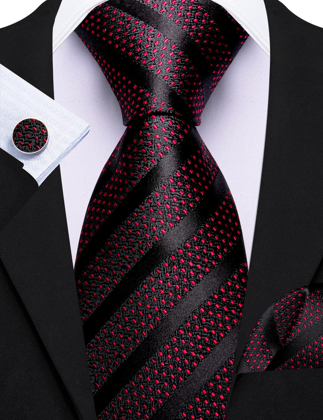 Black Necktie Red Polka Dots Men's Tie Hanky Cufflinks Set