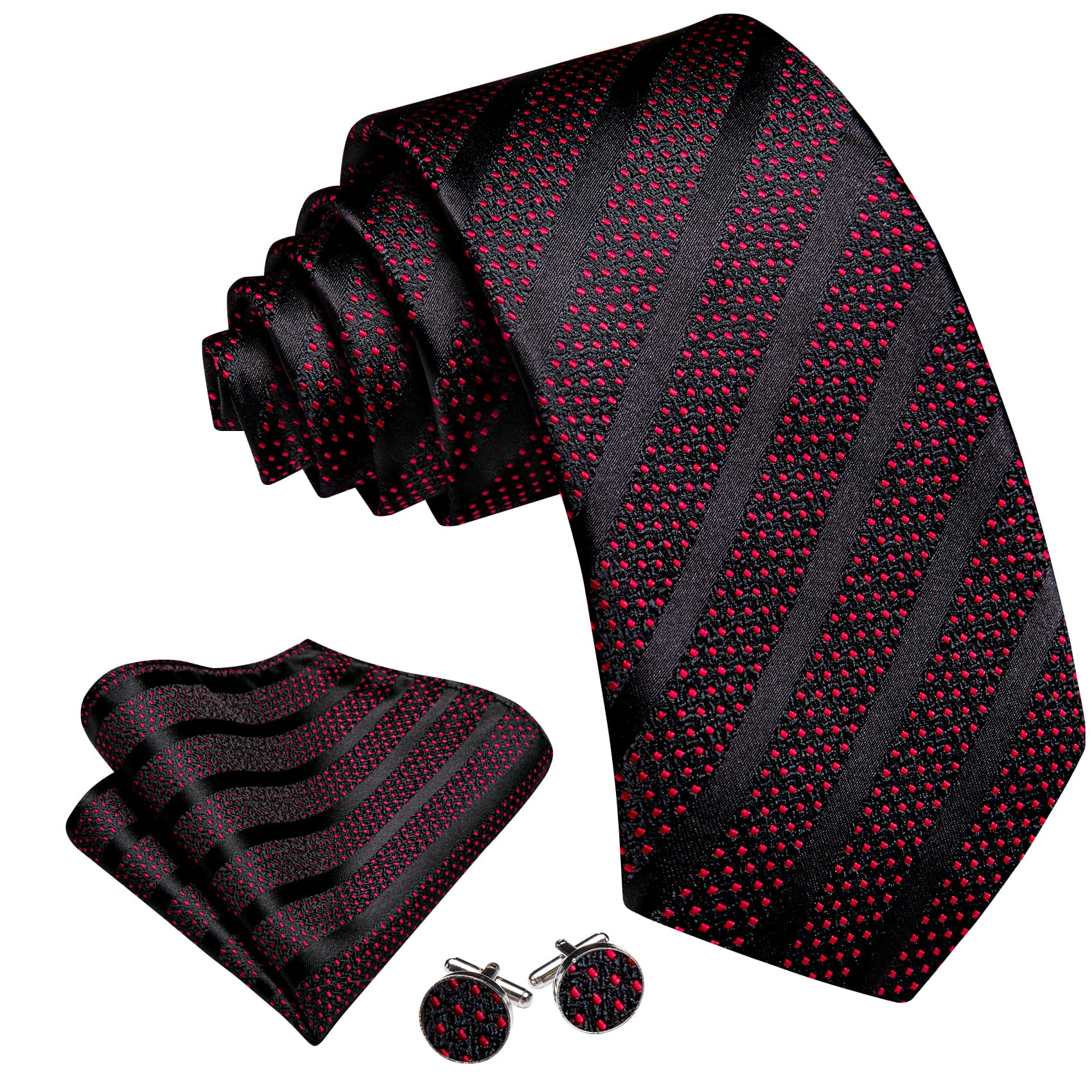 Black Necktie Red Polka Dots Men's Tie Hanky Cufflinks Set