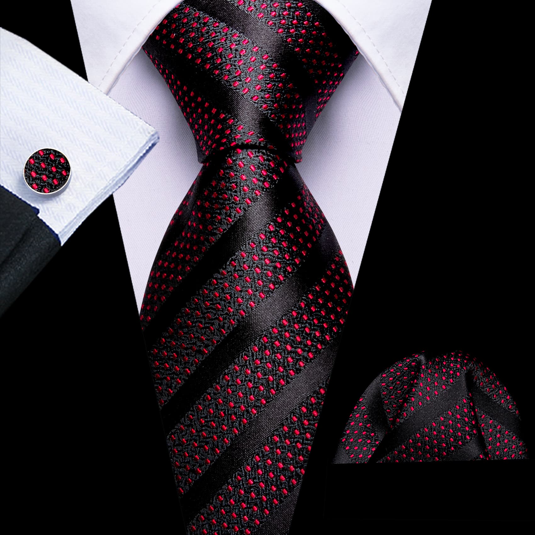 Black Necktie Red Polka Dots Men's Tie Hanky Cufflinks Set