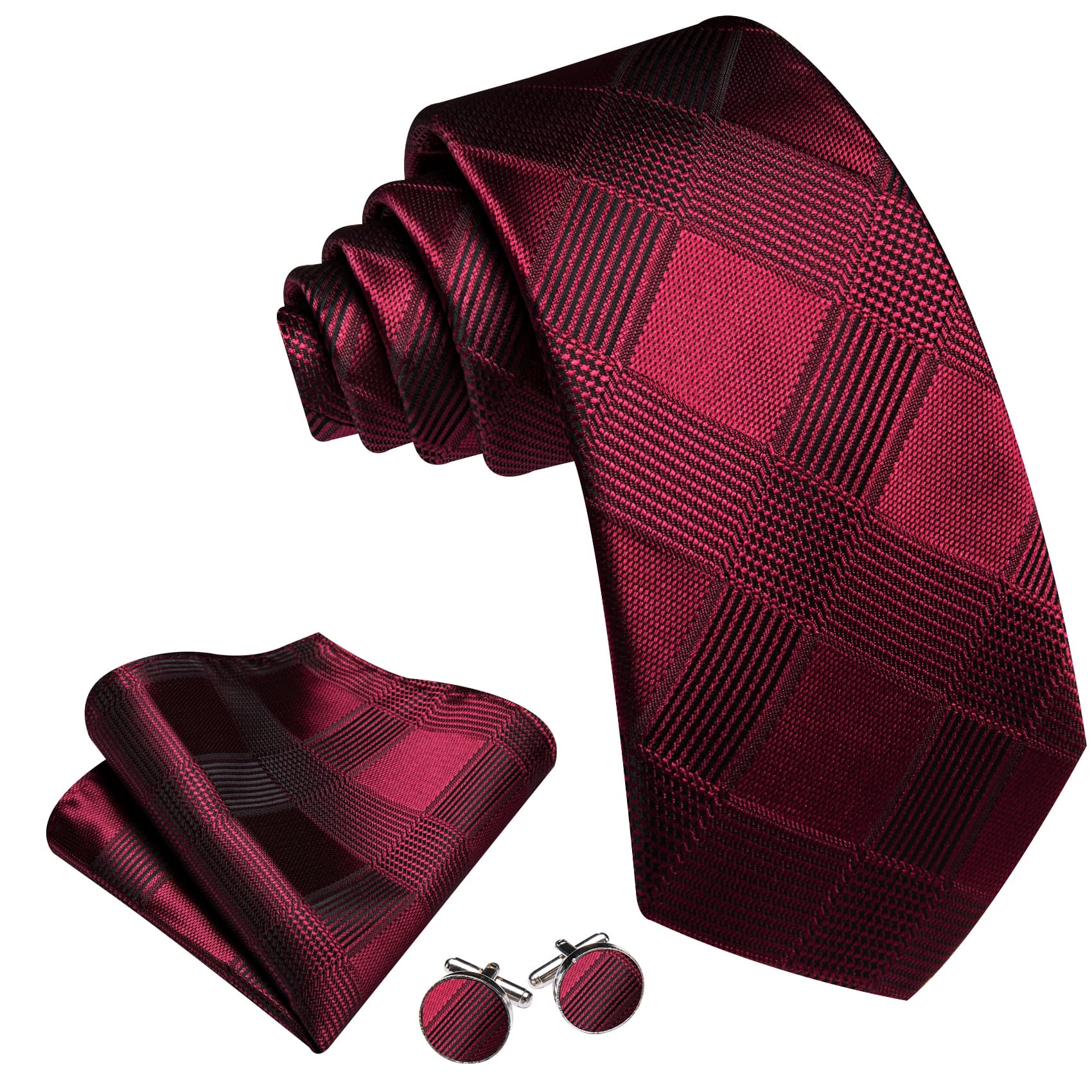 black suit with burgundy tie