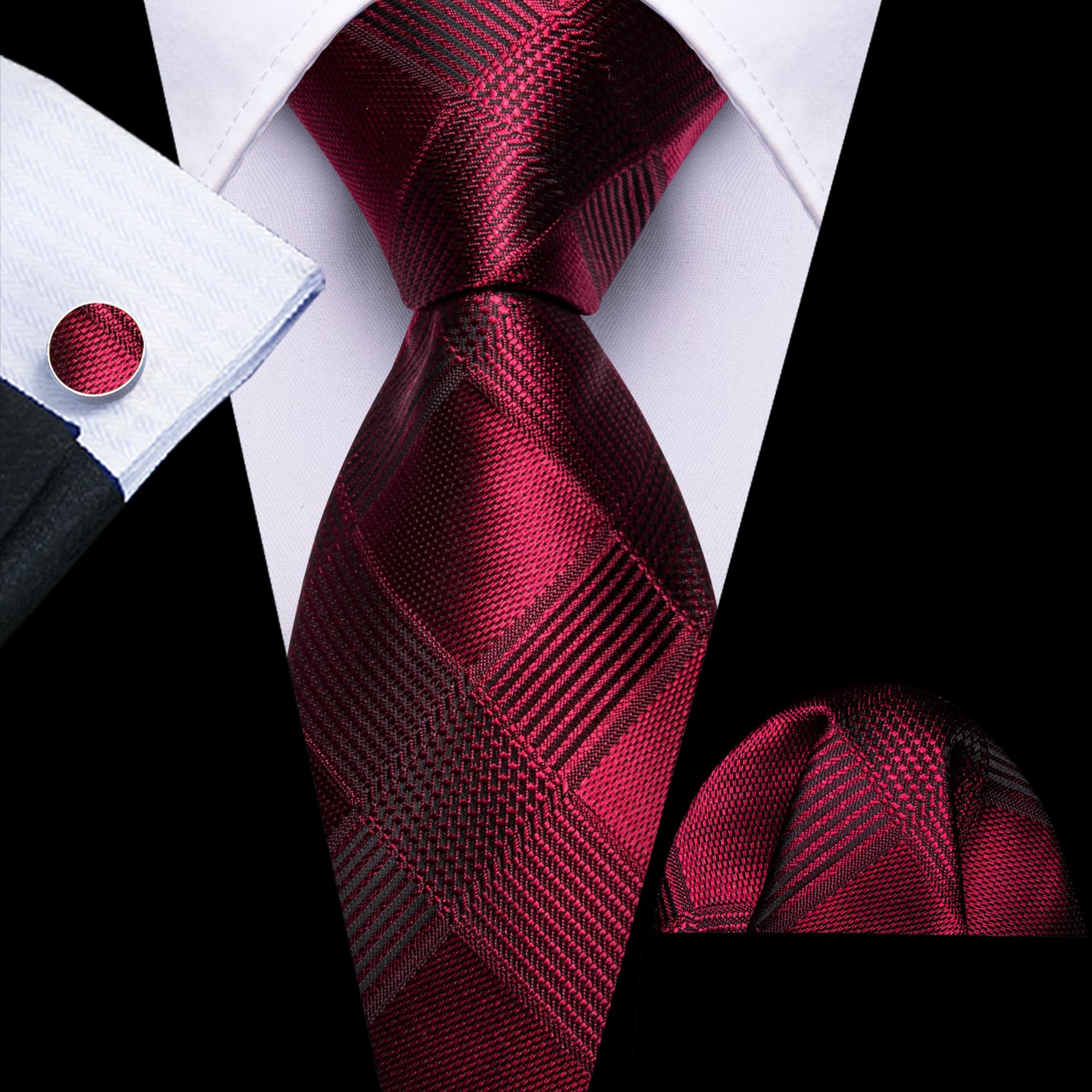 Burgundy Red Tie Men's Plaid Neckties Hanky Cufflinks Set wine tie