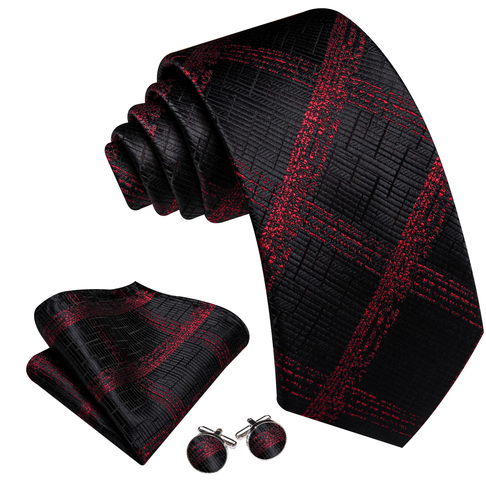  Black Tie Dark Red Jacquard Stripes Plaid Tie Set for Men