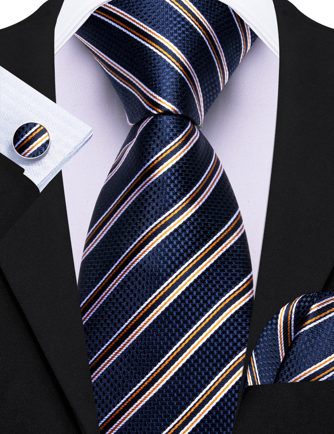 Black suit orange stripes navy blue tie 