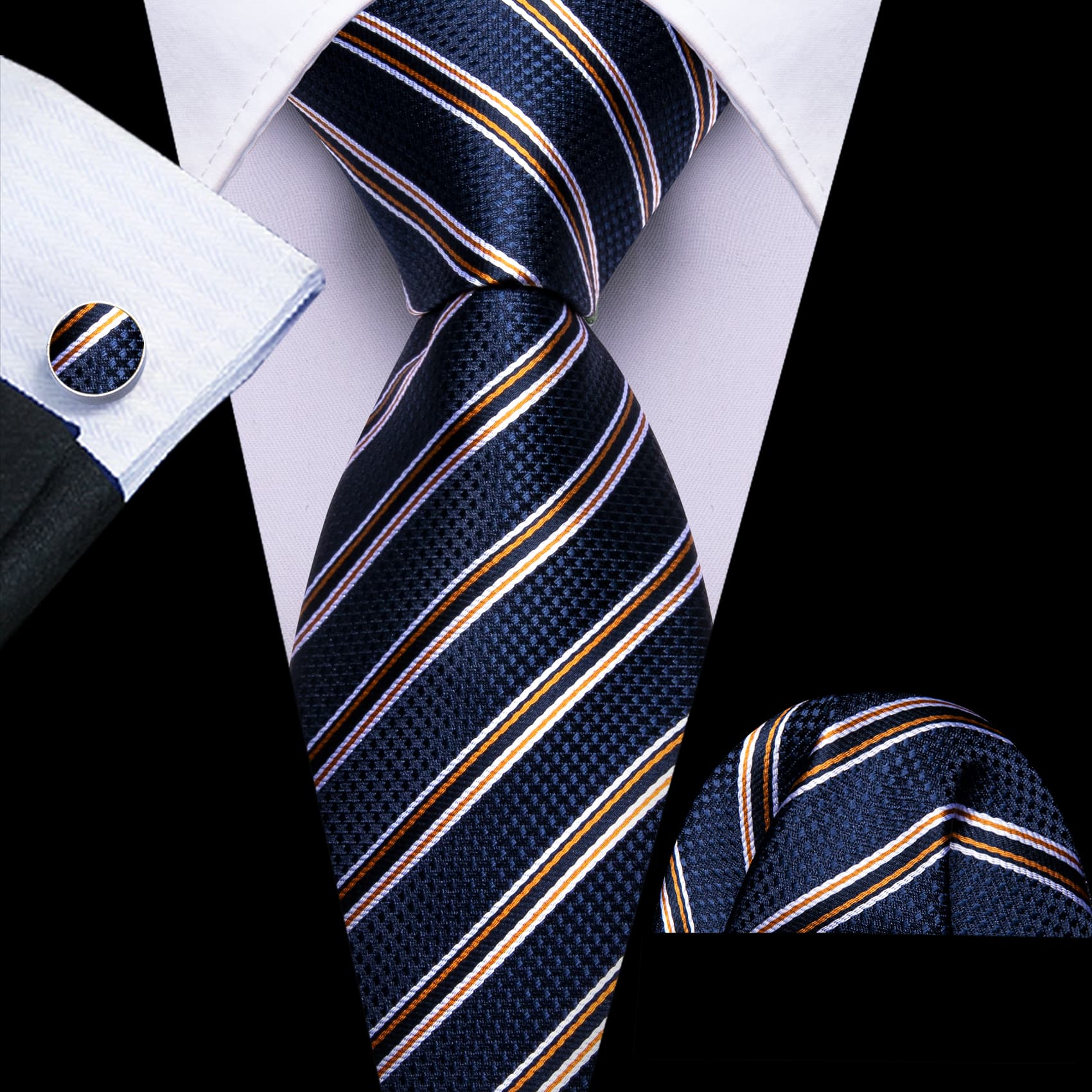 Black suit Navy blue men's tie with black white orange stripes necktis for wedding 