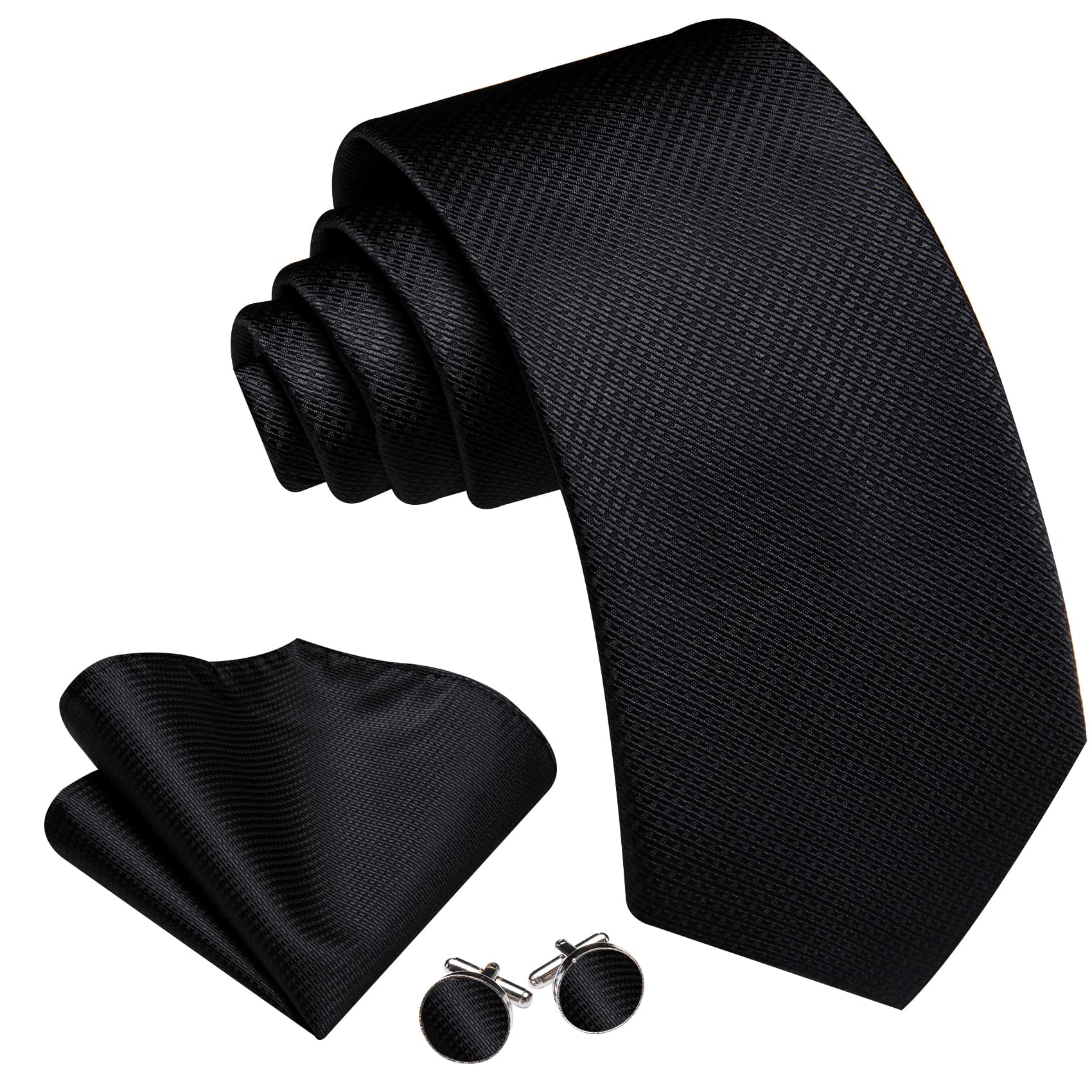 Black solid necktie pocket square cufflinks 