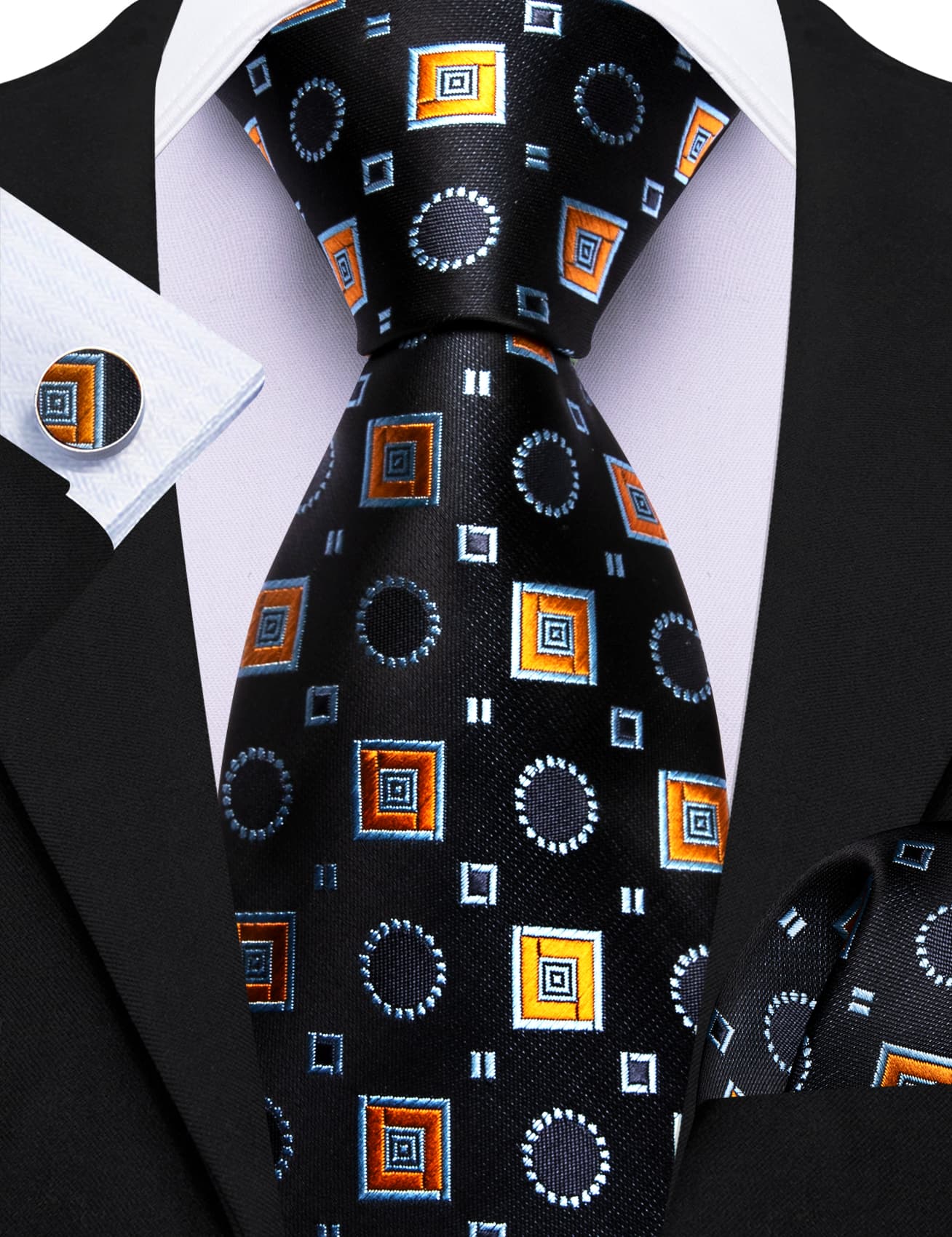 Barry Wang Black Tie Orange Blue Jacquard Squares Novelty Necktie Set and black suit white dress shirt 