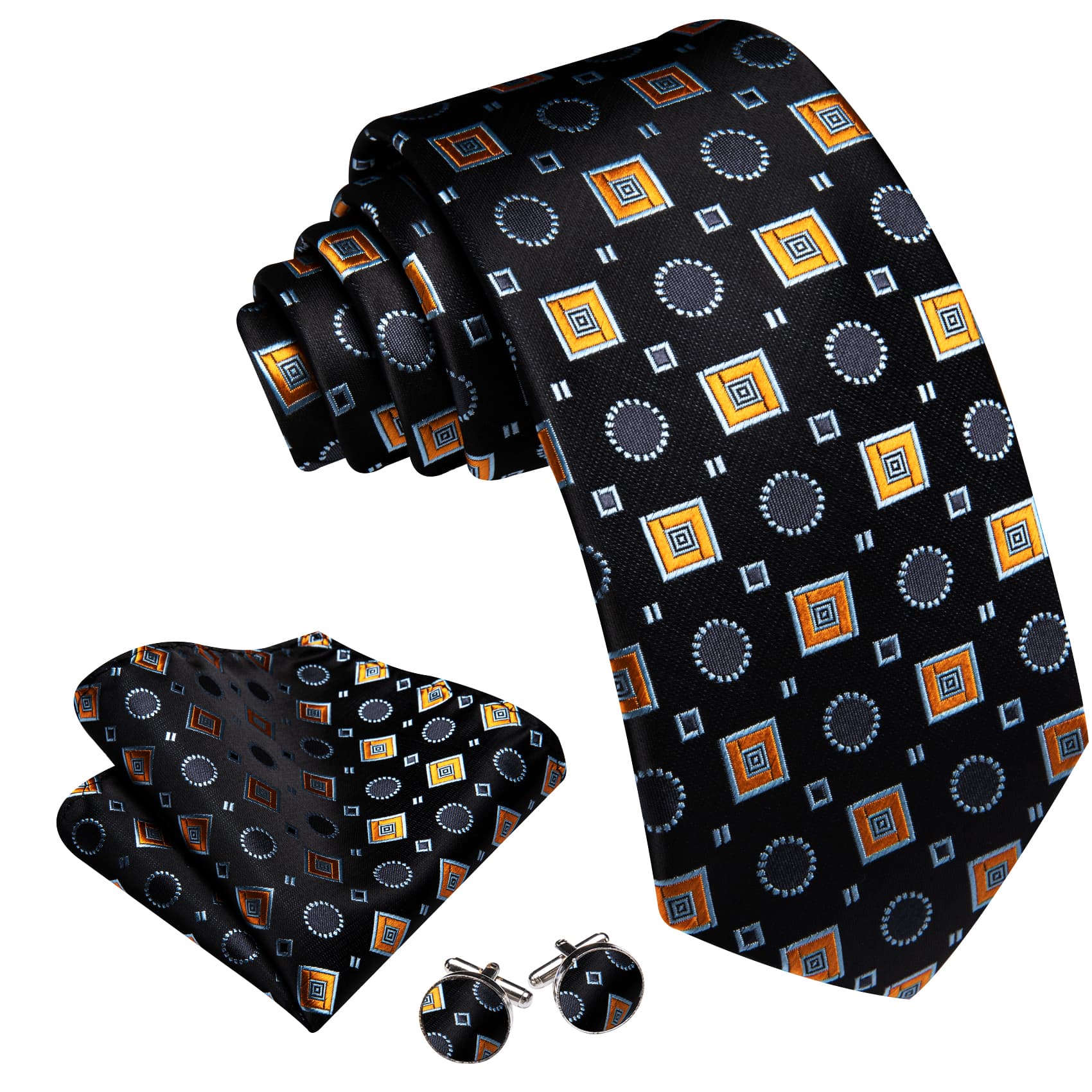 Barry Wang Black Tie Orange Blue Jacquard Squares Novelty Necktie Set